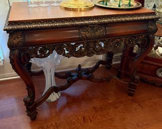 	#43	Mahogany carved table 	 $175.00 				
