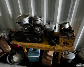 pots and pans, antique phones, coolers, pressure cookers