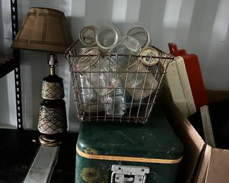 Mason jars, vintage cooler