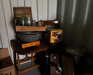 antique phones, chairs, school desk