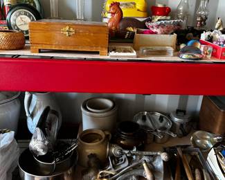 kitchen utensils, wooden boxes, vintage toys, clocks, lamps, crocks, pottery