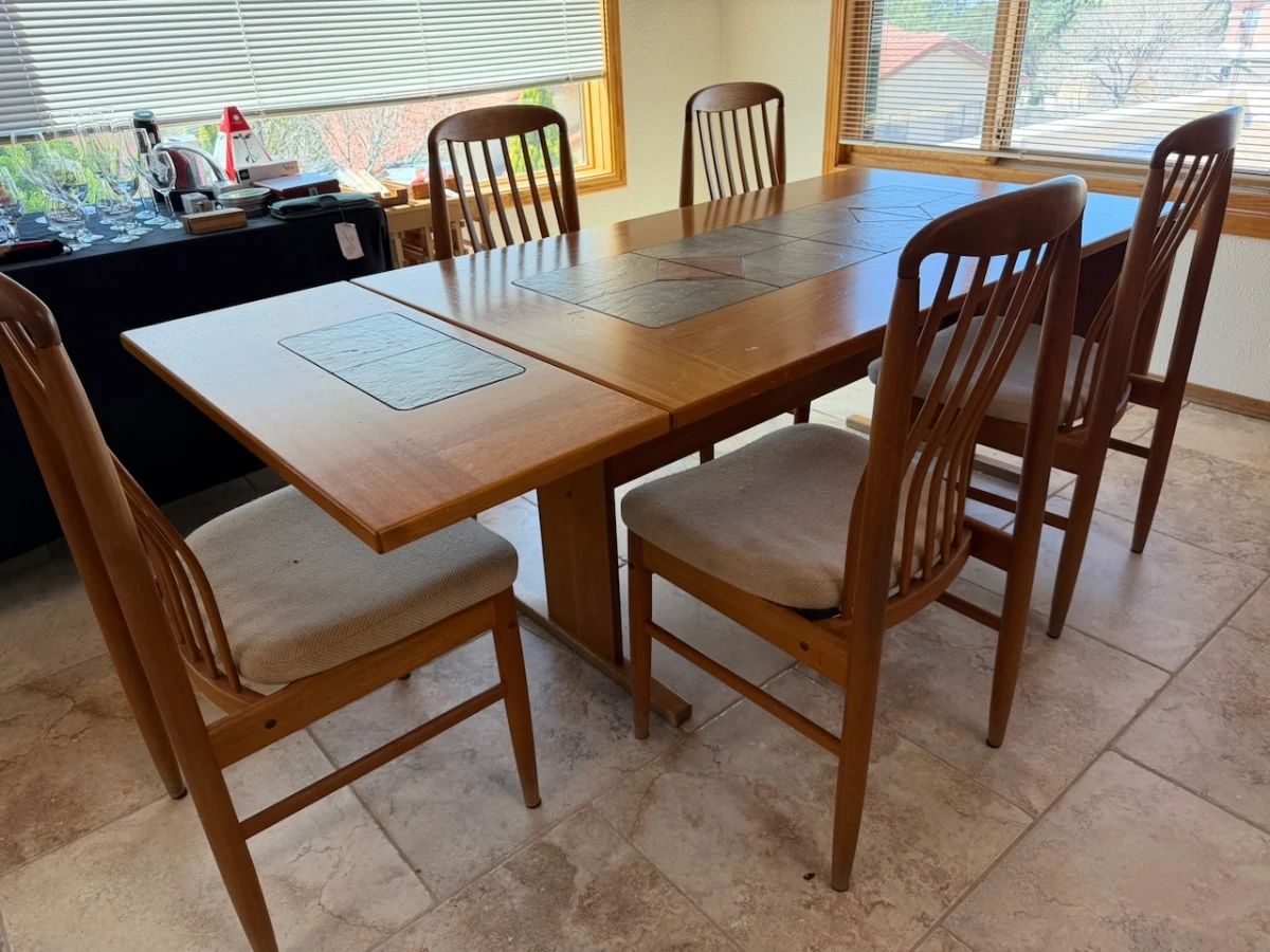 Benny Linden Danish modern dining chairs + Danish teak tile-top dining table