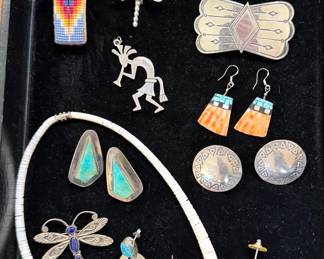 Native American jewelry, including heishi necklace, sterling silver earrings, pins + barrettes
