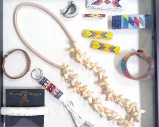 Native American jewelry, including bear fetish necklace and beaded keychain + barrettes