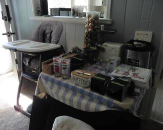 High Chair, Rice Cooker, Meat Grinder, Butter Dish, Anchor Hocking Mixing Bowls, Christmas Bulbs, Sony Alarms and Pepsi Glasses
