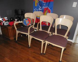 Danish Modern Chair Set, Jayhawk Flag and Jayhawk Clock, End Table and Baseball Caps