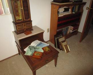 Mid Century end table, bookcase, frames