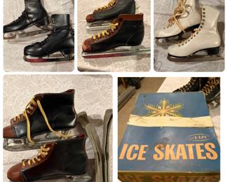 Multiple pairs of vintage ice skates