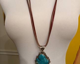 Sterling silver and turquoise necklace with leather “chain”