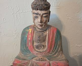 Antique Chinese Polychrome Wood Carved Buddha Statue