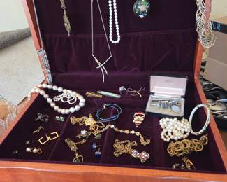 Assorted Costume Jewelry Collection in Wooden Jewelry Box