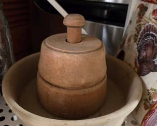 Antique Wooden Butter Mold with Crock
