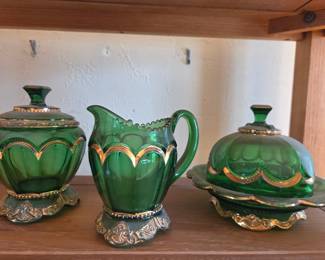 Green Glass EAPG Croesus Pattern Sugar Bowl, Pitcher, and Covered Dish Set with Gilded Accents