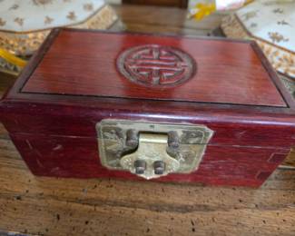 Vintage Chinese Rosewood Jewelry Box with Shou Symbol and Brass Fittings