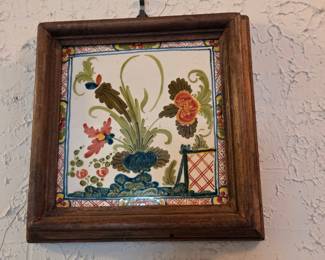 Antique Hand-Painted Floral Tile in Wooden Frame