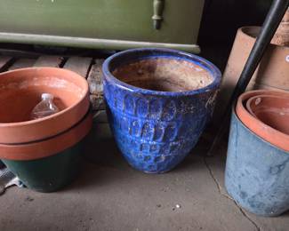 Large Blue Glazed Ceramic Planter Pot with Raised Oval/Diamond Pattern