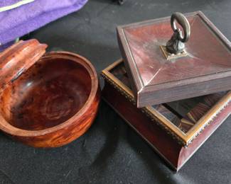 Vintage Burl Wood Humidor and Marquetry Decorative Box Set