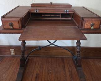 Victorian Walnut Spinet Desk with Inlaid Wood and Carved Drawer Pulls