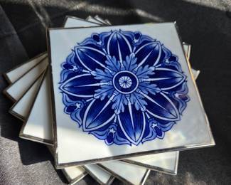 Blue and White Floral Ceramic Coasters with Silver-Tone Edging - Delft Style