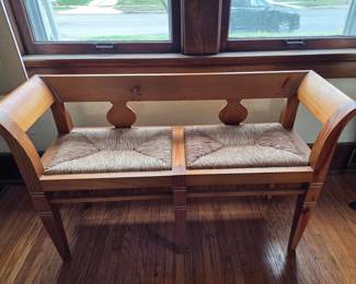 Vintage Pine Bench with Woven Rush Seats