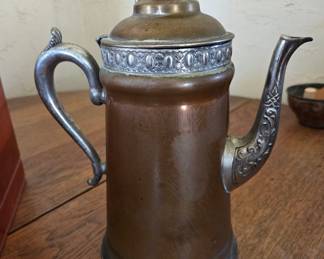 Victorian Copper Coffee Pot with Silver-Plated Accents, Meriden Britannia Co.