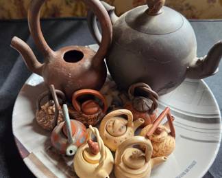 Assorted Miniature Ceramic Teapots and Larger Terracotta Teapots