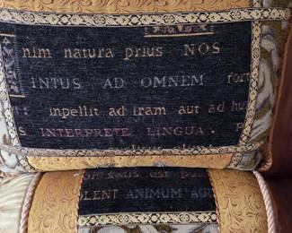 Vintage Tapestry Bolster Pillows with Latin Inscriptions