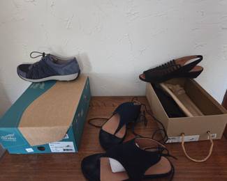 Dansko Honor Suede Blue Women's Shoes and Lee Black Slingback Wedge Sandals