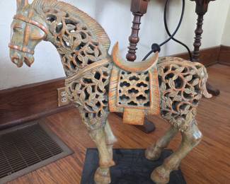 Ornate Carved Albesia Wood Horse Sculpture with Eggshell Embellishments