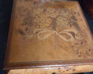 Vintage Reuge Burl Wood Music Box with Floral Marquetry