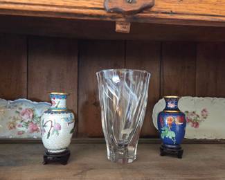 Orrefors Crystal Vase and Cloisonné Vases