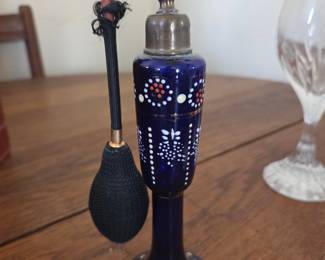 Victorian Cobalt Blue Glass Perfume Atomizer with Gilt and Enamel Floral Decoration