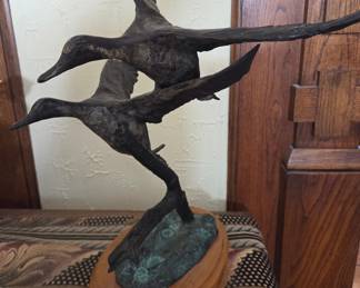 Bronze Sculpture of Two Flying Mallard Ducks