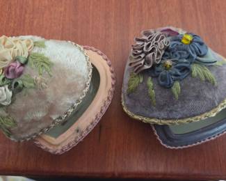 Vintage Velvet Heart Trinket Boxes with Fabric Flowers