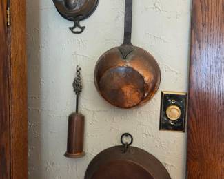 Antique Copper Kitchenware Set with Egg Poacher, Saucepan, and Frying Pan