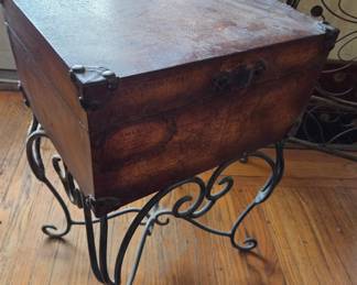 Vintage Wooden Box with Map Motif on Wrought Iron Stand