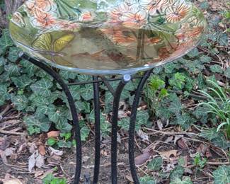 Glass Floral Bird Bath with Metal Stand