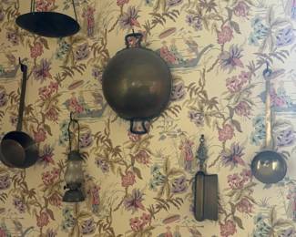 Assorted Antique Kitchen Utensils and Scale with Chinoiserie Wallpaper