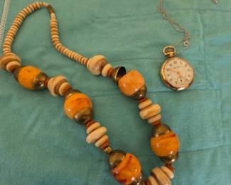 Hampden Pocket Watch and Baltic Amber and Bone Necklace