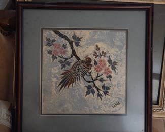 Framed Textile Art - Bird and Floral Motif by Wei Tseng Yang