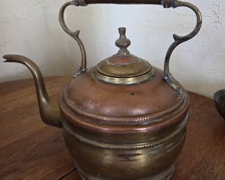 Antique Copper and Brass Tea Kettle with Decorative Bands