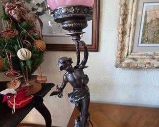 Auguste Moreau Figural Lamp with Swirl Glass Shade