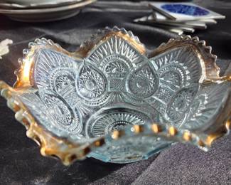 Victorian Pressed Glass Bowl with Amber Stained Rim - Possibly Indiana Glass