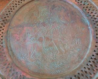 Ornate Embossed Copper Tray with Figural Scene - Turkish Origin