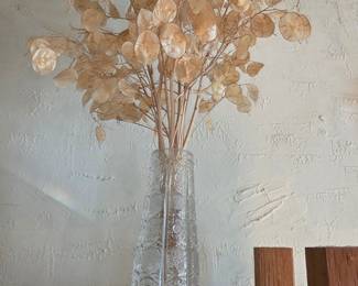Cut Crystal Glass Vase with Dried Lunaria Stems
