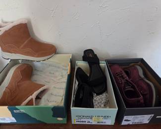 Assorted Women's Footwear: Earth Ankle Boots, Donald J Pliner Sandals, and ECCO Sneakers
