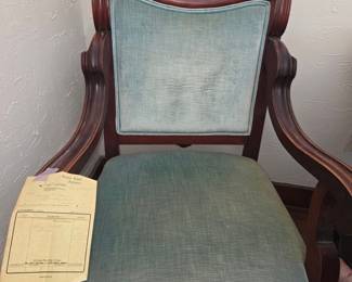 Victorian Carved Walnut Parlor Chair with Blue Velvet Upholstery