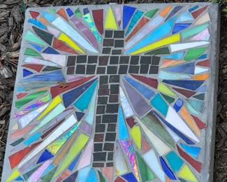 Handmade Mosaic Stepping Stone with Sunburst Cross Design