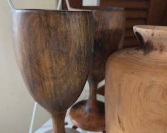 Set of Hand-Carved Wooden Goblets and Vase