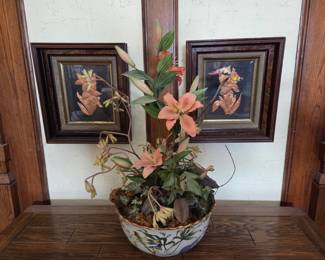 Artificial Lily Arrangement in Chinoiserie Bird Motif Ceramic Bowl